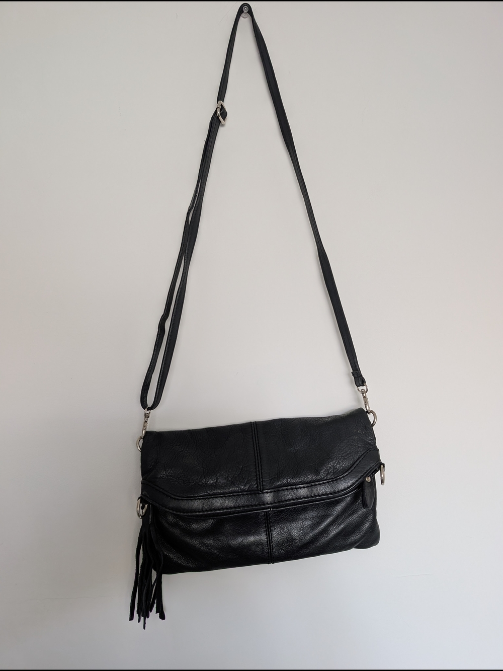 Black Leather Crossbody Bag with Tassel